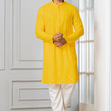 Bright Yellow Cotton Silk Embroidered Kurta