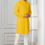 Bright Yellow Cotton Silk Embroidered Kurta Set