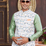 Mint Green Art Banarasi Silk Kurta Set With Digital Printed Jacket