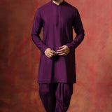 Dark Purple Cotton Kurta Set With Nehru Jacket