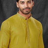 School Bus Yellow Jacquard Kurta Set With Shisha Work