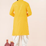 Bright Yellow Cotton Silk Embroidered Dhoti Set