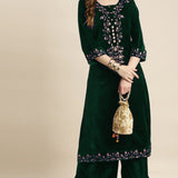 Bottle Green Velvet Floral Embroidered Kurti Set
