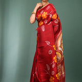 Maroon Pure Silk Saree With Floral Paint