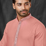 Coral Pink Jacquard Kurta Set With Shisha Work