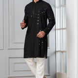 Black Cotton Silk Embroidered Kurta Set
