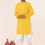 Bright Yellow Cotton Silk Embroidered Dhoti Set