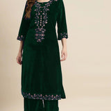 Bottle Green Velvet Floral Embroidered Kurti Set