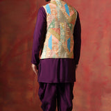 Dark Purple Cotton Kurta Set With Nehru Jacket