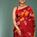 Maroon Pure Silk Saree With Floral Paint
