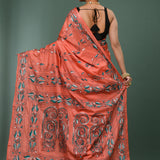 Dark Peach Blended Silk Kantha Stitched Saree