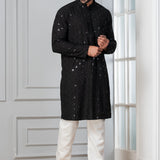 Black Cotton Silk Embroidered Kurta Set