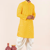 Bright Yellow Cotton Silk Embroidered Dhoti Set