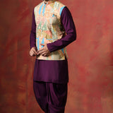 Dark Purple Cotton Kurta Set With Nehru Jacket