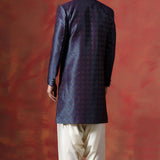 Dark Blue And White Jacquard Texture Sherwani Set