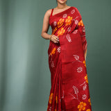 Maroon Pure Silk Saree With Floral Paint