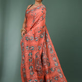Dark Peach Blended Silk Kantha Stitched Saree