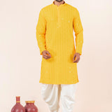 Bright Yellow Cotton Silk Embroidered Dhoti Set
