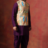 Dark Purple Cotton Kurta Set With Nehru Jacket
