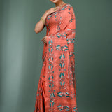 Dark Peach Blended Silk Kantha Stitched Saree