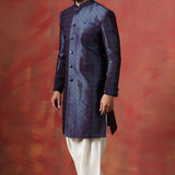 Dark Blue And White Jacquard Texture Sherwani Set