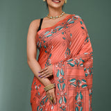 Dark Peach Blended Silk Kantha Stitched Saree