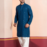 Teal Blue Cotton Silk Embroidered Patiala Set