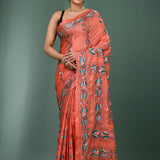 Dark Peach Blended Silk Kantha Stitched Saree