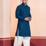 Teal Blue Cotton Silk Embroidered Patiala Set