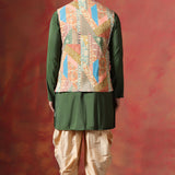 Green Cotton Blend Kurta Set With Nehru Jacket