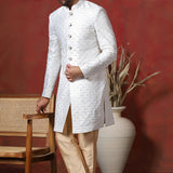 White Cotton Blend Embroidered Sherwani Set