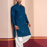 Teal Blue Cotton Silk Embroidered Patiala Set