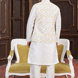 Cream Art Banarasi Silk Kurta Set With Yellow Jacket
