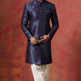 Dark Blue And White Jacquard Texture Sherwani Set