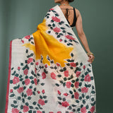 Yellow Pure Silk Saree With Block Print