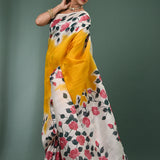 Yellow Pure Silk Saree With Block Print