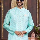 Cyan Art Banarasi Silk Kurta Set With Nehru Jacket