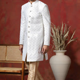 White Cotton Blend Embroidered Sherwani Set