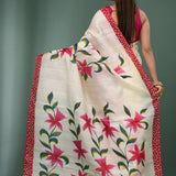 White Pure Silk Saree With Floral Painted Design