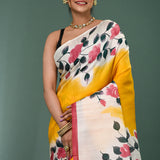 Yellow Pure Silk Saree With Block Print