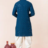 Dark Blue Cotton Silk Embroidered Dhoti Set