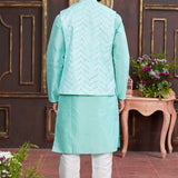 Cyan Art Banarasi Silk Kurta Set With Nehru Jacket