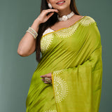 Pea Yellow Katan Silk Saree With Printed Design