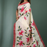 White Pure Silk Saree With Floral Painted Design