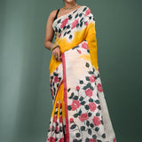 Yellow Pure Silk Saree With Block Print
