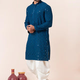 Dark Blue Cotton Silk Embroidered Dhoti Set