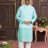 Cyan Art Banarasi Silk Kurta Set With Nehru Jacket