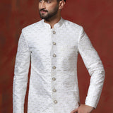 White And Beige Cotton Blend Embroidered Sherwani Set