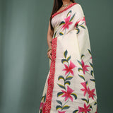 White Pure Silk Saree With Floral Painted Design