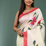 White Pure Silk Saree With Floral Painted Design